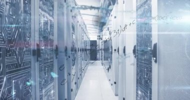 Animation of mathematical equations and data processing over server room. Global technology, computing and digital interface concept digitally generated video.