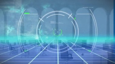 Görüntü bulucu ve veri işlemenin dijital ortamda ve açık uzay ofisinde animasyonu. İş, veri işleme ve dijital arayüz kavramı dijital olarak oluşturulmuş video.