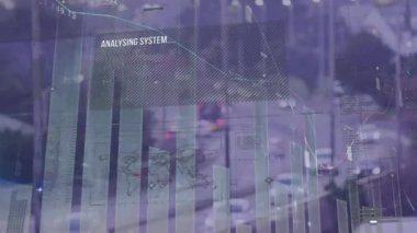 Şehir trafiğine karşı veri işleme arayüzünün animasyonu. Bilgisayar arayüzü ve iş teknolojisi kavramı