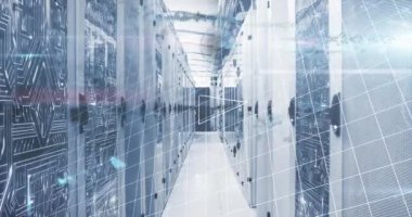 Animation of mathematical equations and data processing over server room. Global technology, computing and digital interface concept digitally generated video.