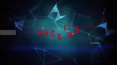 Bağlantılar ağının animasyonu ve dijital arayüz ve karanlık arkaplan üzerinden metni hackleme. Dijital olarak oluşturulmuş küresel veri işleme kavramı.