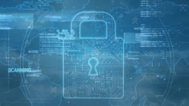 Asma kilit ikonu üzerinde veri işleme ile dünya haritasının animasyonu. Teknoloji, çevrimiçi güvenlik ve dijital arayüz kavramı dijital olarak oluşturulmuş video.