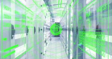 Sunucu odasına karşı veri işleme ve matematiksel denklemlerle arayüzün animasyonu. Bilgisayar arayüzü ve iş veri depolama teknolojisi kavramı