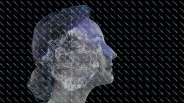 Siyah zemin üzerinde yeşil dalgaların ve beyaz kadın profilinin canlandırılması. Dijital alan, ışık, hareket ve teknoloji konsepti dijital olarak oluşturulmuş video.