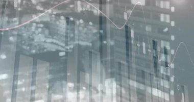Şehirdeki finansal grafiklerin ve verilerin animasyonu. Küresel finans, ekonomi ve iş konsepti dijital olarak oluşturulmuş video.