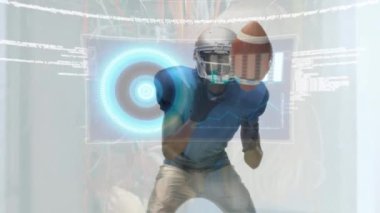 Çeşitli erkek ragbi oyuncuları üzerinde veri işleme animasyonu. Küresel spor ve dijital arayüz kavramı dijital olarak oluşturulmuş video.