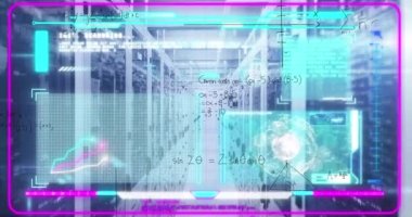 Sunucu odasına karşı veri işleme ve matematiksel denklemlerle arayüzün animasyonu. Bilgisayar arayüzü ve iş veri depolama teknolojisi kavramı