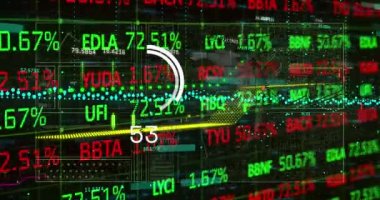 Borsa ve finansal veri işleme animasyonları dönen dünya üzerinde kara arka plana karşı. Küresel ekonomi ve iş teknolojisi kavramı