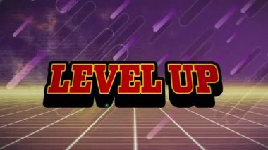 Mor arkaplandaki satırlar yerine seviye yükseltilmiş metin animasyonu. Küresel teknoloji, sosyal medya ve dijital arayüz kavramı dijital olarak oluşturulmuş video.