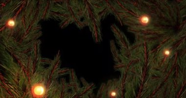 Yılbaşı ağacı dalları ve siyah arka planda yanıp sönen peri ışıklarının animasyonu. Noel, şenlik, kutlama ve gelenek konsepti dijital olarak oluşturuldu.