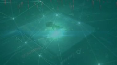 Asma kilit simgesi üzerinde veri işleme ile bağlantı ağının animasyonu. Teknoloji, çevrimiçi güvenlik ve dijital arayüz kavramı dijital olarak oluşturulmuş video.