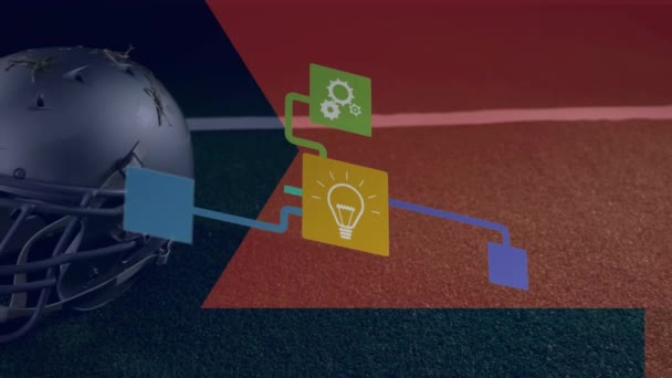 Animering Nätverk Digitala Ikoner Mot Närbild Rugbyhjälm Gräsplan Konceptet Datorgränssnitt — Stockvideo