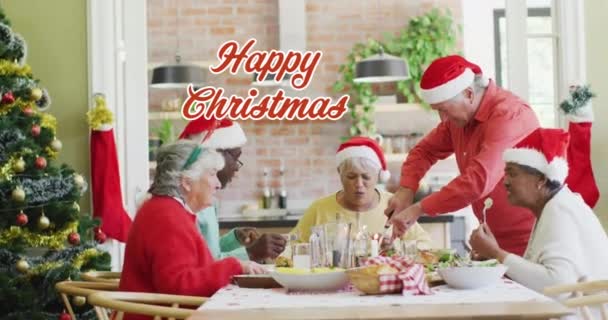 Animation Christmas Greetings Text Diverse Friends Christmas Meal Table Christmas — Stock Video