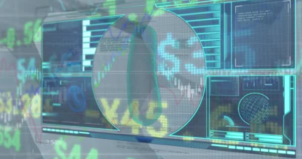在灰色背景下 动画化的数字界面和股票市场的数据处理 全球经济和计算机接口技术概念 — 图库视频影像