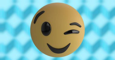 Gülümseme ve göz kırpma emojisi ile mavi eşkenar dörtgen arka plan, kopyalama alanı. Dijital olarak oluşturulmuş, sosyal medya, duygu, ifade, neşeli, vektör ve soyut kavram.