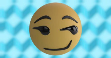 Mavi eşkenar dörtgen arkaplanına karşı sarı emoji tasviri, kopyalama alanı. Dijital olarak üretilen hologram, sosyal medya, ifade, ifade, vektör ve soyut kavram.