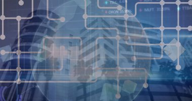 Şehirdeki binaların üzerindeki çizgilerle ve geometrik şekillerle bağlantılı noktalar. Dijital bileşik, devre kartı, gökdelenler, borsa, yatırım ve teknoloji konsepti.