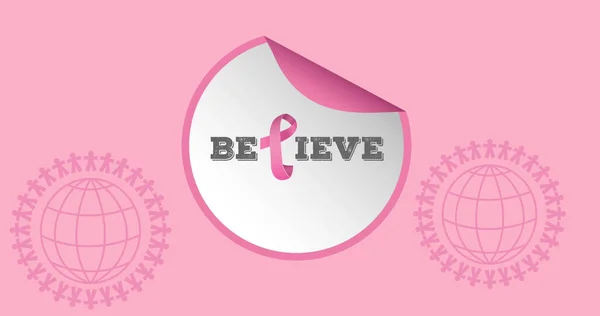 Illustration Believe Text Circle People Chains Globes Pink Background Copy — Stock Photo, Image