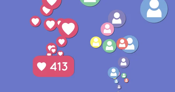 413个喜欢的图片 红心和用户图标在紫色背景上 社交媒体 网络和新技术概念 — 图库照片