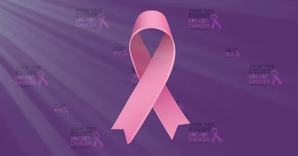 Illustration of join the fight, breast cancer awareness month text with pink awareness ribbon. Copy space, rays, purple, disease, illness, healthcare, support and medical concept.