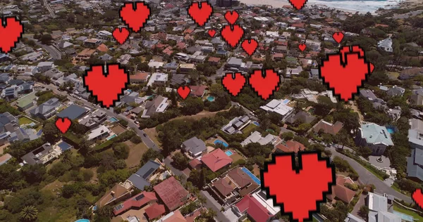 Şehir Manzarası Üzerinde Dijital Kalplerin Resmi Sosyal Medya Küresel Iletişim — Stok fotoğraf