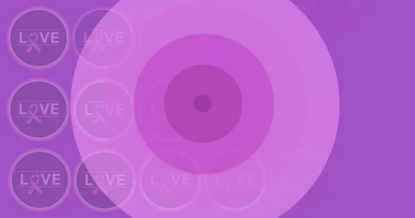 Illustration of love text with awareness ribbons and multiple circles on purple background. Copy space, disease, illness, healthcare, emotion, support, medical and awareness concept.