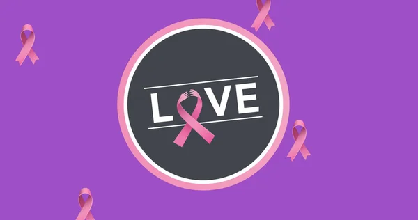 Illustration of love text in circle with pink awareness ribbons on purple background, copy space. Disease, illness, emotion, cancer, support, medical and healthcare concept.