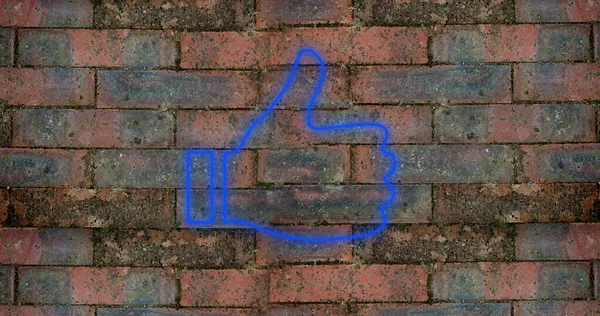 Composto Azul Digital Como Ícone Botão Contra Parede Tijolo Abandonado — Fotografia de Stock