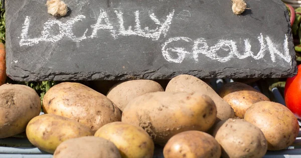 在当地种植的石碑上贴上生土豆 在市场摊位上出售 素食日和庆祝理念 — 图库照片