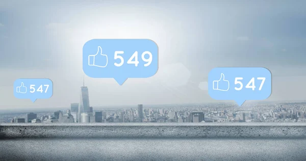 Image of social media reactions over cityscape. Social media, communication, connections, global network and new technology concept digitally generated video.