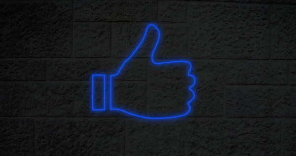 Composite of digital blue illuminated like button icon against wall, copy space. Thumbs up, social media, positive emotion, hand, symbol and feedback concept.