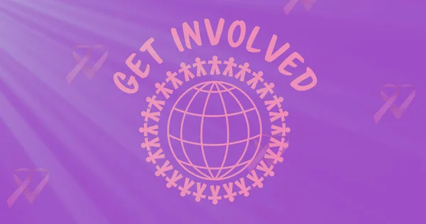 Illustration of get involved text with people chain around globe and ribbons forming heart shape. Copy space, disease, illness, healthcare, support, unity and awareness concept.