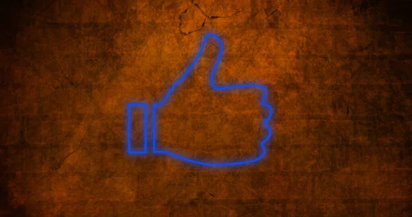 Composite of digital blue like button icon against abandoned wall, copy space. Thumbs up, social media, positive emotion, illuminated, old, hand, symbol and feedback concept.