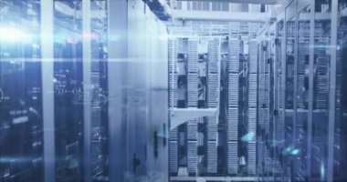 Animation of mathematical equations and data processing over server room. Global technology, computing and digital interface concept digitally generated video.