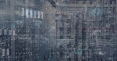 Animation of mathematical equations and data processing over server room. Global technology, computing and digital interface concept digitally generated video.