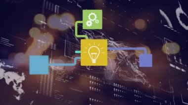 Gece trafiğine karşı veri işleme arayüzü üzerinden dijital simge ağının animasyonu. Bilgisayar arayüzü ve iş teknolojisi kavramı