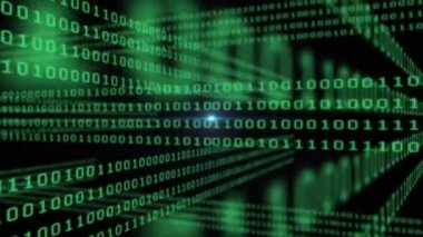 Siyah uzayda yeşil ikili kod üzerinde hareket eden ışığın animasyonu. Bilgisayarlar, veri işleme ve teknoloji konsepti dijital olarak oluşturuldu.