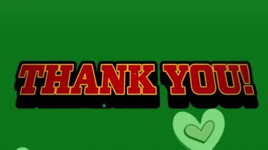 Şebeke animasyonu ve düşen kalpler ve yeşil arkaplan üzerinden teşekkür mesajı. Dijital ortamda oluşturulan küresel sosyal medya kavramı.