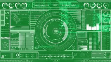 Yeşil arkaplanda veri işleme animasyonu. Teknoloji, bilgisayar ve dijital arayüz kavramı dijital olarak oluşturuldu.