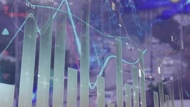 Şehir trafiğinin hava görüntüsüne karşı istatistiksel veri işleme animasyonu. Bilgisayar arayüzü ve iş teknolojisi kavramı