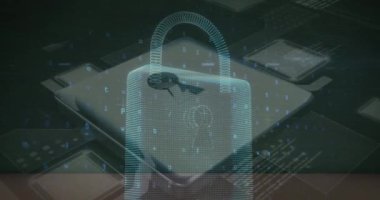 Bağlantılar ve veri işleme ağı üzerinde güvenlik asma kilit simgesinin canlandırılması. Siber güvenlik ve iş ağı teknolojisi kavramı