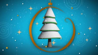 Beyaz arka planda düşen kar ve yıldızların yılbaşı ağacı üzerindeki animasyonu. Noel ve kutlama konsepti dijital olarak oluşturulmuş video.