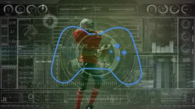 Veri işleme üzerine Afro-Amerikan erkek rugby oyuncusu ve gampad ikonu animasyonu. Sosyal medya ve dijital arayüz konsepti dijital olarak oluşturulmuş video.