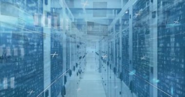 Animation of mathematical equations and data processing over server room. Global technology, computing and digital interface concept digitally generated video.