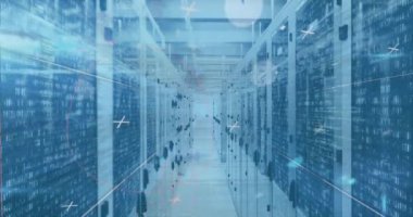Animation of mathematical equations and data processing over server room. Global technology, computing and digital interface concept digitally generated video.
