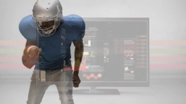 Çeşitli erkek ragbi oyuncuları üzerinde veri işleme animasyonu. Küresel spor ve dijital arayüz kavramı dijital olarak oluşturulmuş video.