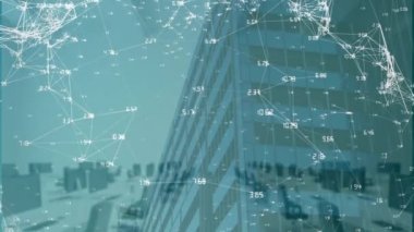 Yüksek binalara karşı boş ofis üzerinden yapılan dünya bağlantı ağının animasyonu. Küresel ağ ve iş teknolojisi kavramı