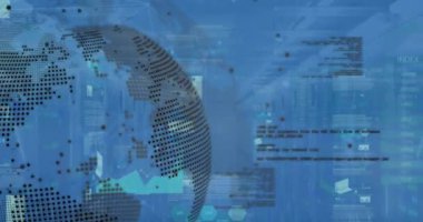 Mavi zemin üzerinde dijital arayüz ve veri işleme sisteminin animasyonu. Dijital olarak oluşturulmuş küresel veri işleme kavramı.