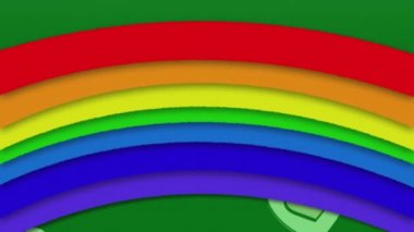 Yeşil arka planda gökkuşağı ve uçan kalplerin animasyonu. Dijital ortamda oluşturulan küresel sosyal medya kavramı.