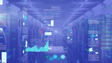 Bilgisayar sunucu odasında veri işleme yapan ışık noktalarının ve ekranların animasyonu. Bilgisayar arayüzü ve iş veri depolama teknolojisi kavramı